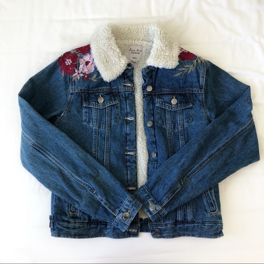 Flower embroidered sherpa lined denim jean jacket